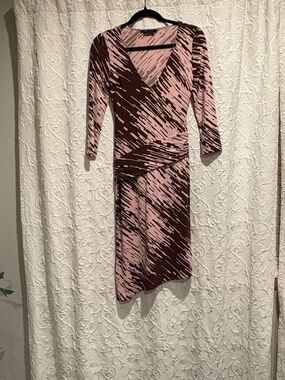 BCBGMaxAzria Pink and Brown Patterned Midi Wrap Dress